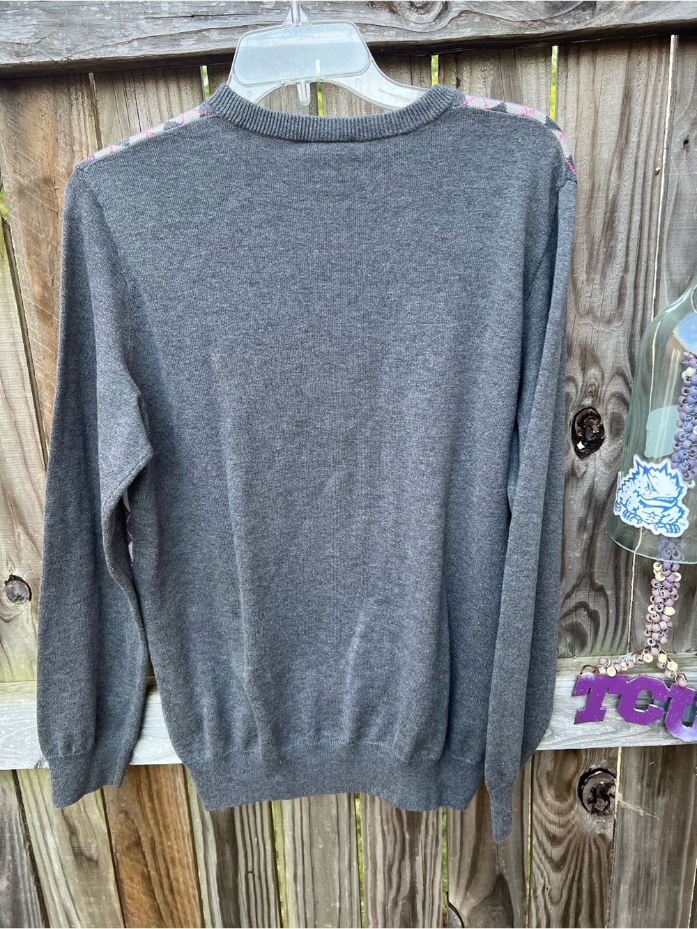 Lacoste Gray and Pink Argyle Crewneck Sweater - Picture 3 of 9